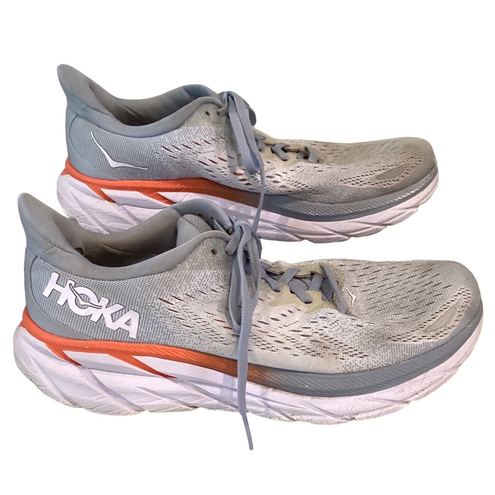 Hoka Men's Clifton 8 Grey Orange Green Running Shoes Sneaker - Size 10.5